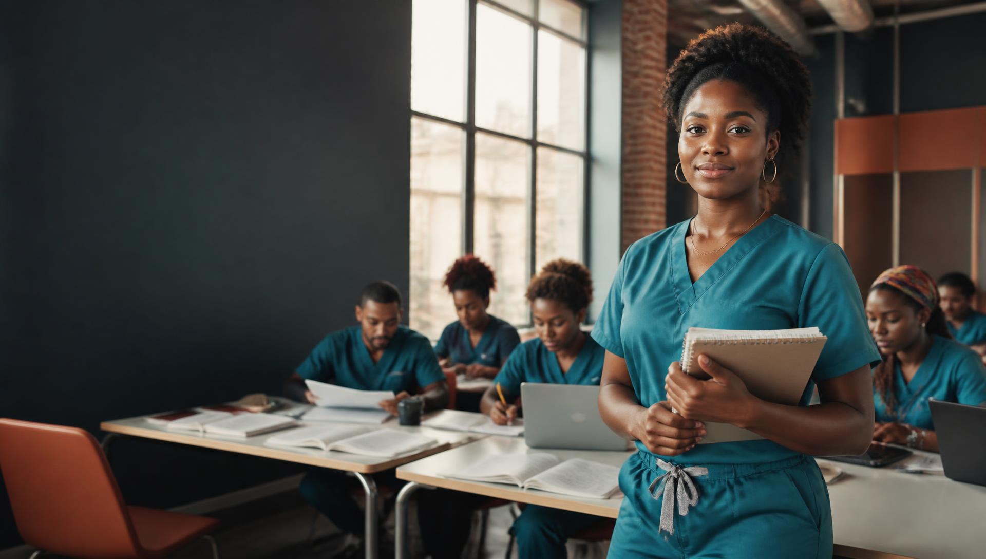 Black nursing student standing in a Brooklyn classroom with classmates